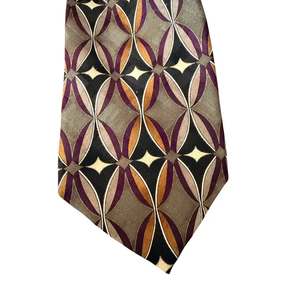Martin‎ Wong Napa Silk Tie Geometric Retro Pattern Brown Purple Necktie